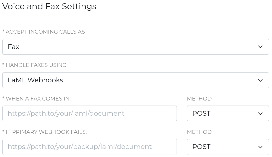 A screenshot of the settings for a fax number. Under the Voice and Fax Settings section, a number of values are defined. 'Accept Incoming Calls As' is set to 'Fax'. 'Handle Faxes Using' is set to 'LaML Webhooks'.